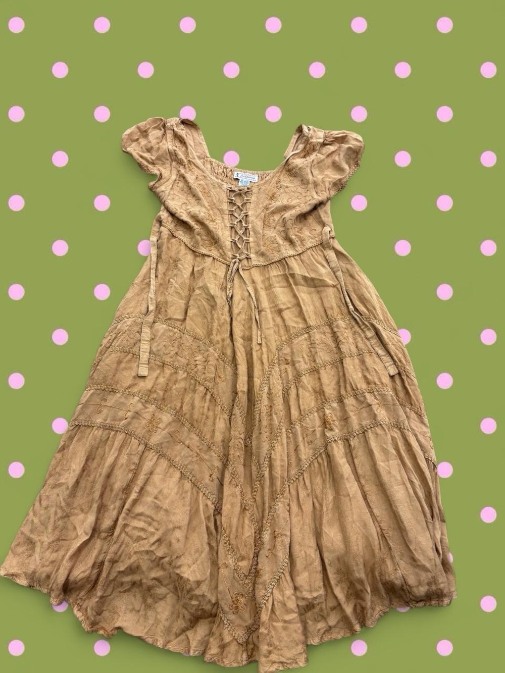 Lace-Up Tan Maxi Dress with Flutter Sleeves